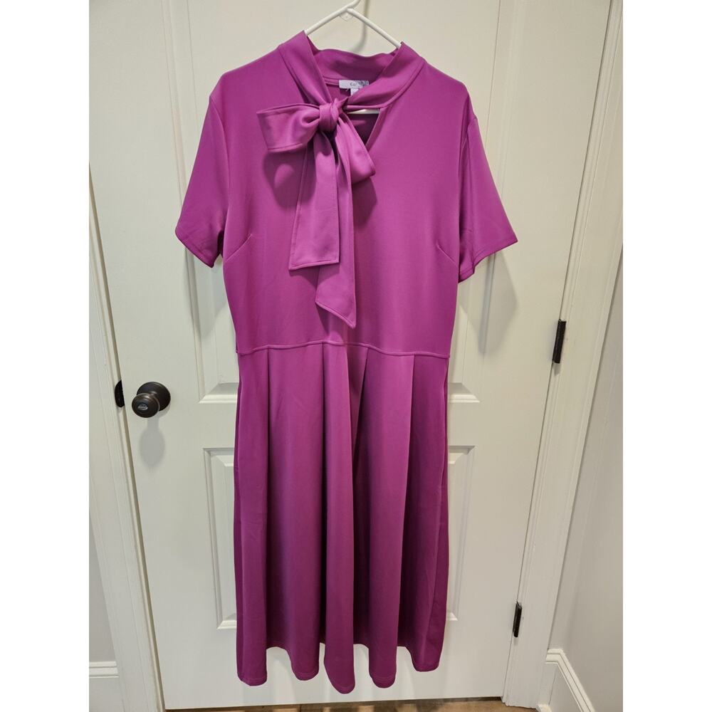 NWOT Eien 2XL Plus Dress Purple Magenta Bow Tie Midi Bishop Swing Poly Stretch